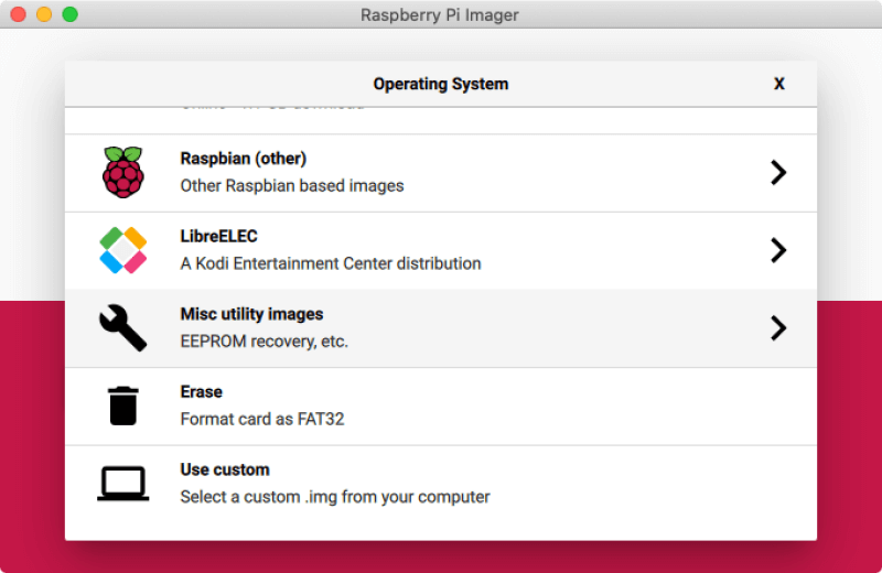 Raspberry Pi Imagerのメニュー画面