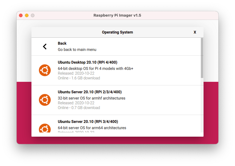 Raspberry Pi Imager v1.5のUbuntuメニュー