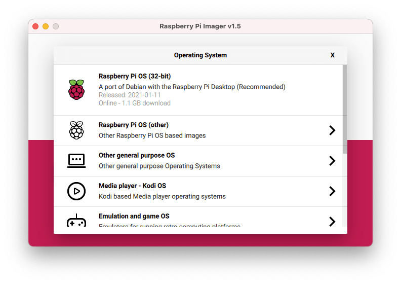 Raspberry Pi Imager v1.5のメニュー画面